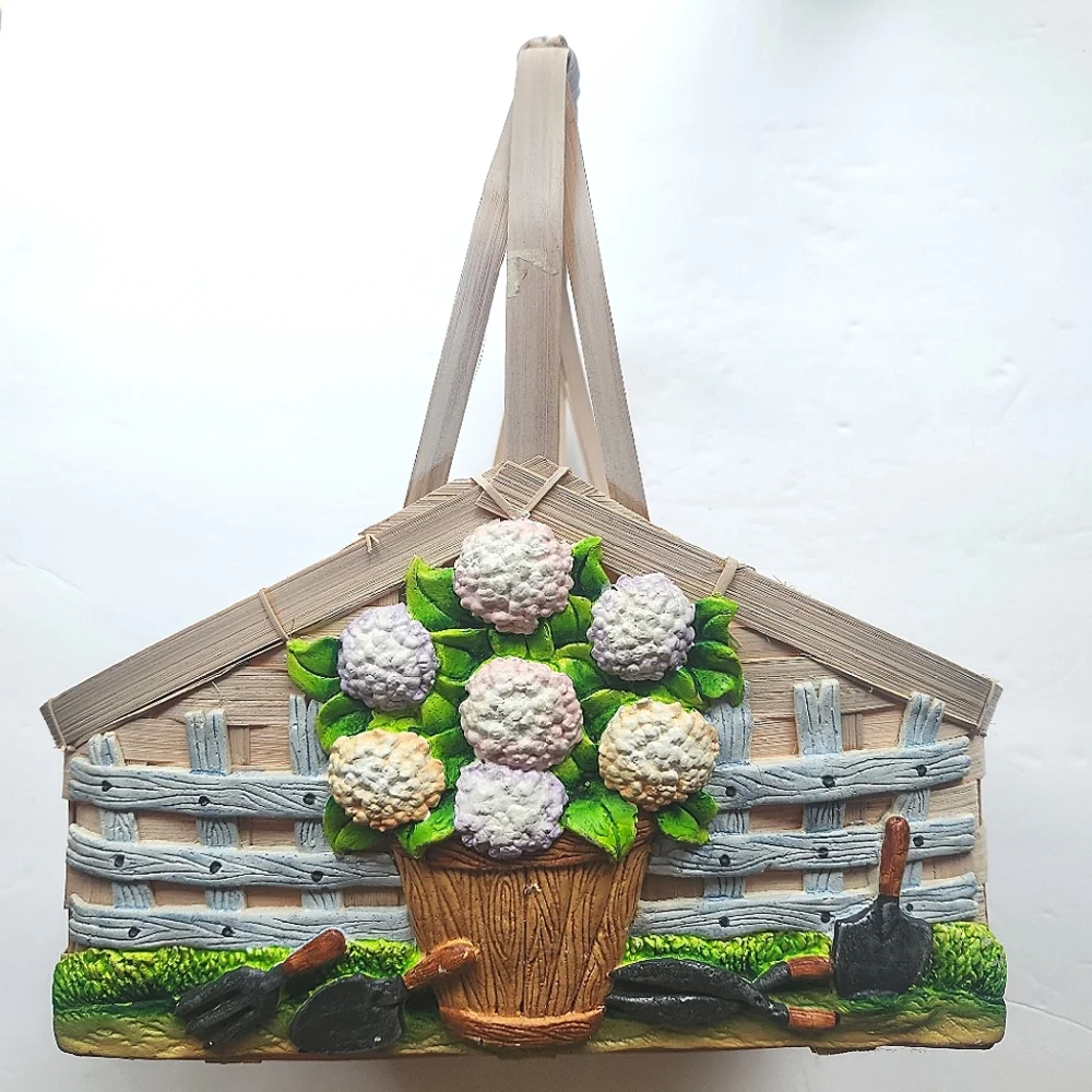 Dimensional Gardening Scene Woven Basket with Handle Flowers Mother's Day